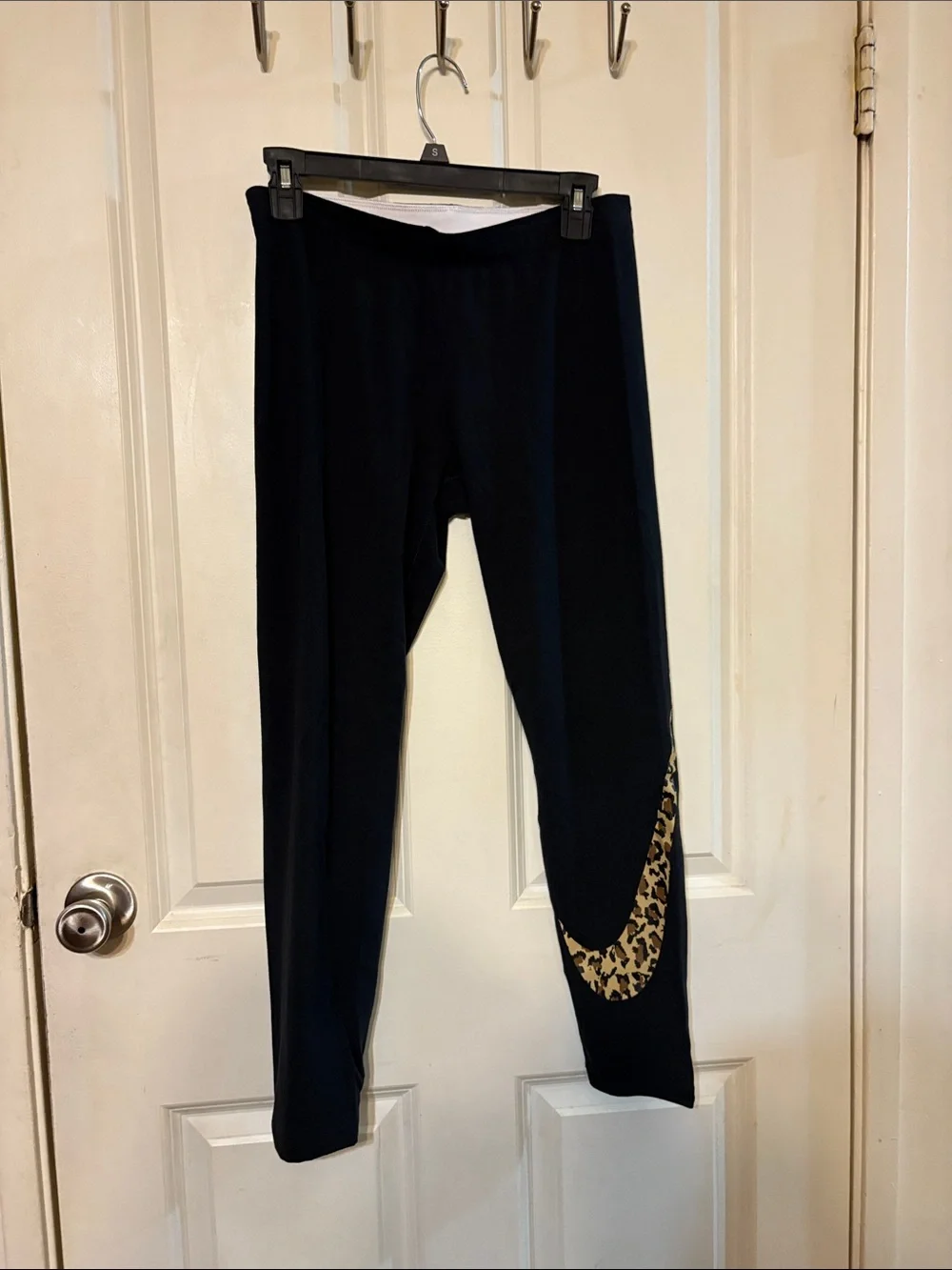 Nike Black Leggings with Leopard Swoosh Accent